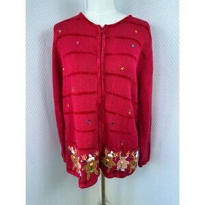 The Quaker Factory Christmas cardigan sweater Red Reindeer Large vintage 1990s
